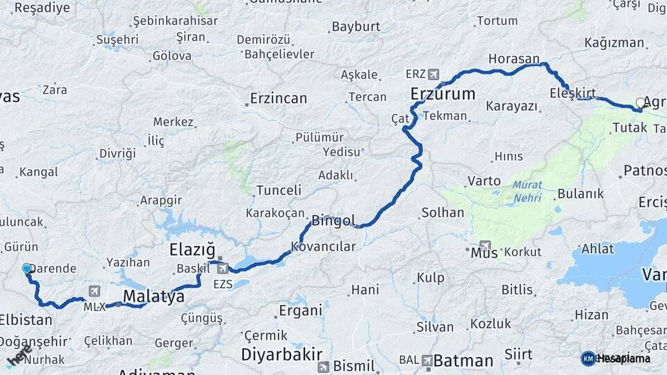 Malatya Darende Ağrı Arası Kaç Km - Yol Haritası