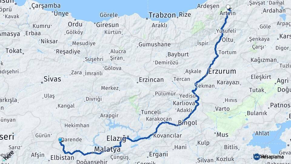 Malatya Darende Artvin Arası Kaç Km - Yol Haritası