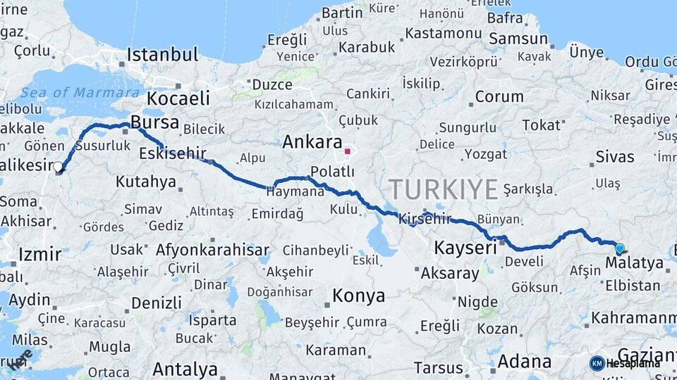 Malatya Darende Balıkesir Arası Kaç Km - Yol Haritası