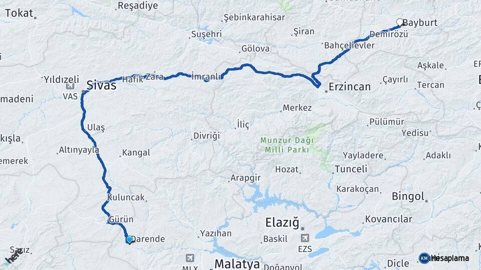 Malatya Darende Bayburt Arası Kaç Km - Yol Haritası