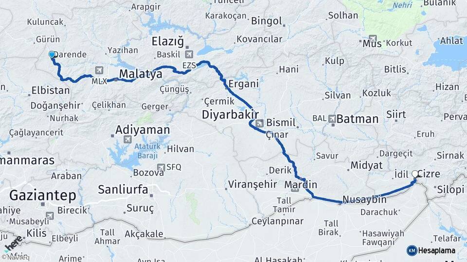 Malatya Darende Cizre Şırnak Arası Kaç Km - Yol Haritası