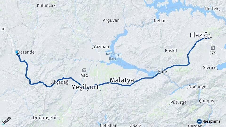 Malatya Darende Elazığ Arası Kaç Km - Yol Haritası