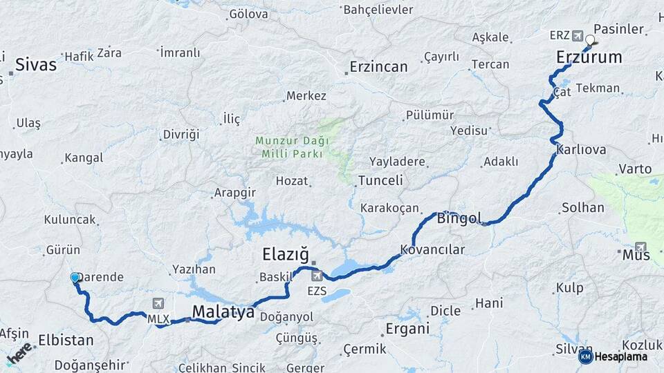 Malatya Darende Erzurum Arası Kaç Km - Yol Haritası