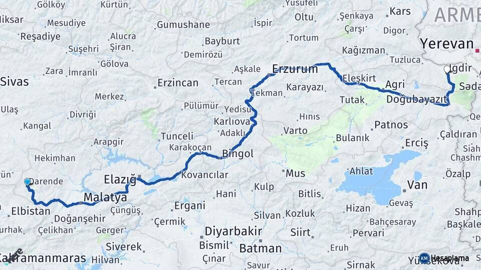 Malatya Darende Iğdır Arası Kaç Km - Yol Haritası