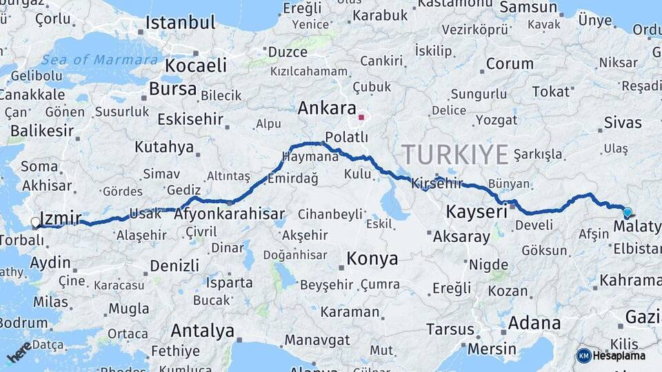 Malatya Darende İzmir Arası Kaç Km - Yol Haritası