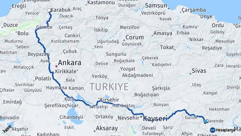 Malatya Darende Karabük Arası Kaç Km - Yol Haritası