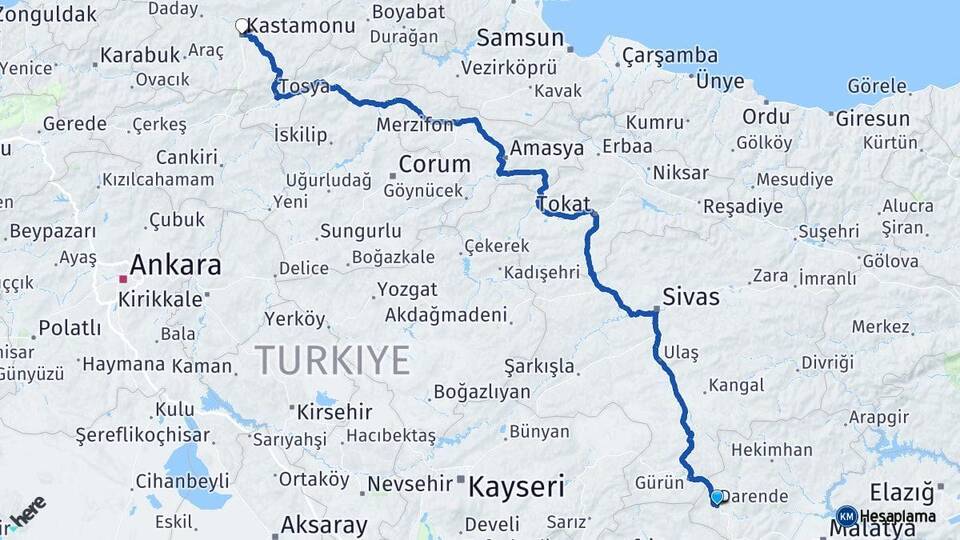Malatya Darende Kastamonu Arası Kaç Km - Yol Haritası