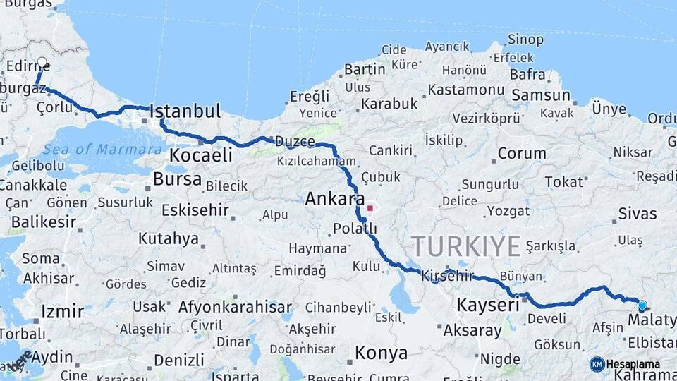 Malatya Darende Kırklareli Arası Kaç Km - Yol Haritası