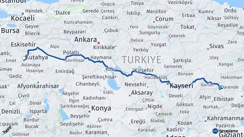 Malatya Darende Kütahya Arası Kaç Km - Yol Haritası