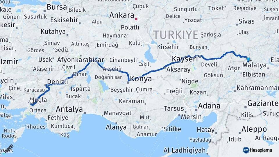 Malatya Darende Muğla Arası Kaç Km - Yol Haritası
