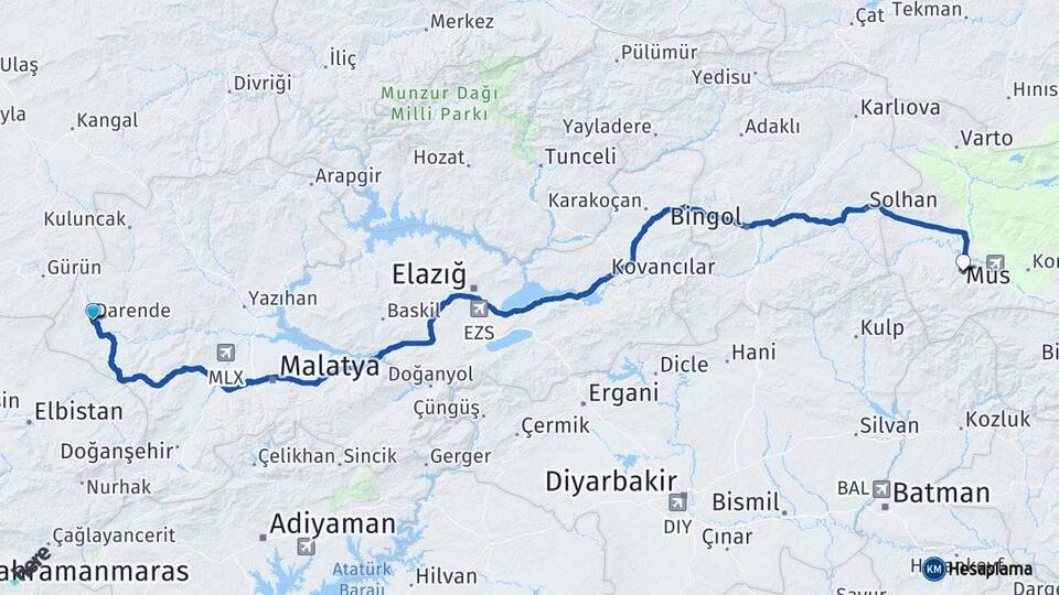 Malatya Darende Muş Arası Kaç Km - Yol Haritası
