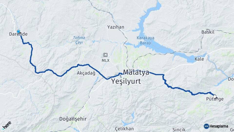 Malatya Darende Pütürge Arası Kaç Km - Yol Haritası
