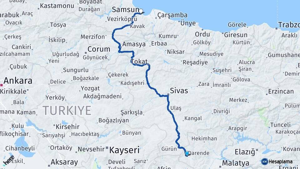 Malatya Darende Samsun Arası Kaç Km - Yol Haritası