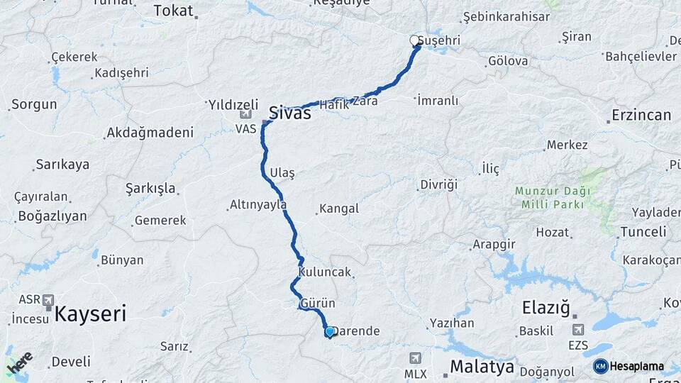 Malatya Darende Suşehri Sivas Arası Kaç Km - Yol Haritası