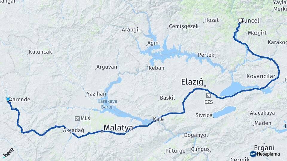 Malatya Darende Tunceli Arası Kaç Km - Yol Haritası