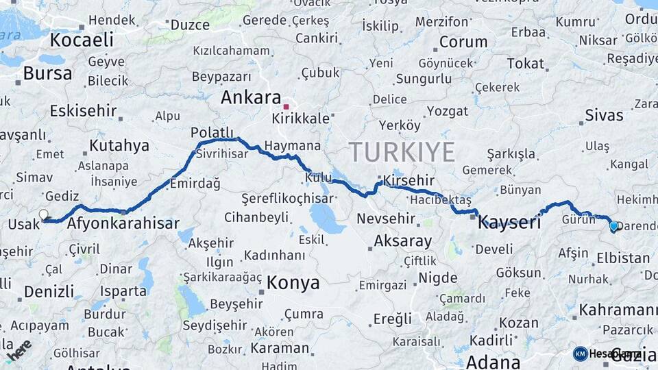Malatya Darende Uşak Arası Kaç Km - Yol Haritası