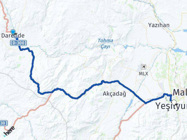 Malatya Darende Yeşilyurt Arası Kaç Km - Yol Haritası