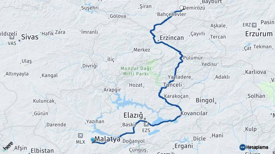 Malatya Demirözü Bayburt Arası Kaç Km - Yol Haritası