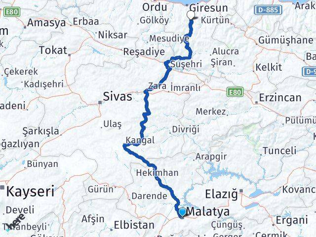 Malatya Dereli Giresun Arası Kaç Km - Yol Haritası