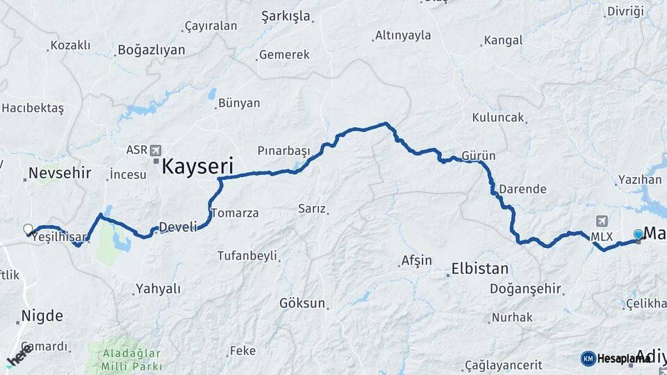 Malatya Derinkuyu Nevşehir Arası Kaç Km - Yol Haritası