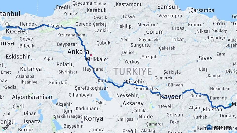 Malatya Dilovası Kocaeli Arası Kaç Km - Yol Haritası