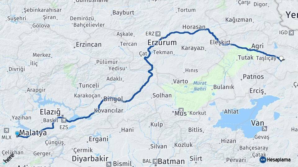Malatya Diyadin Ağrı Arası Kaç Km - Yol Haritası