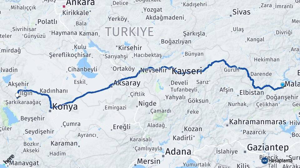 Malatya Doğanhisar Konya Arası Kaç Km - Yol Haritası