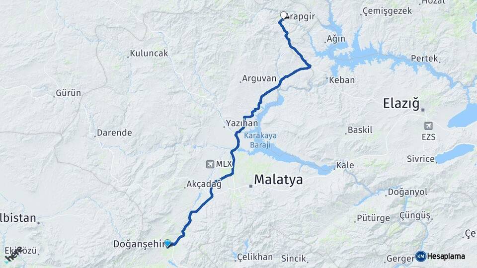 Malatya Doğanşehir Arapgir Arası Kaç Km - Yol Haritası