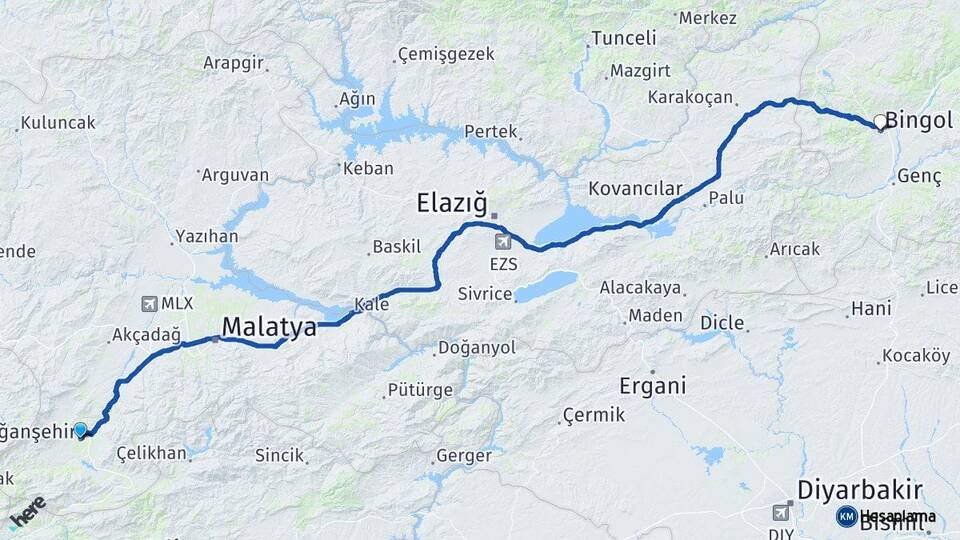 Malatya Doğanşehir Bingöl Arası Kaç Km - Yol Haritası