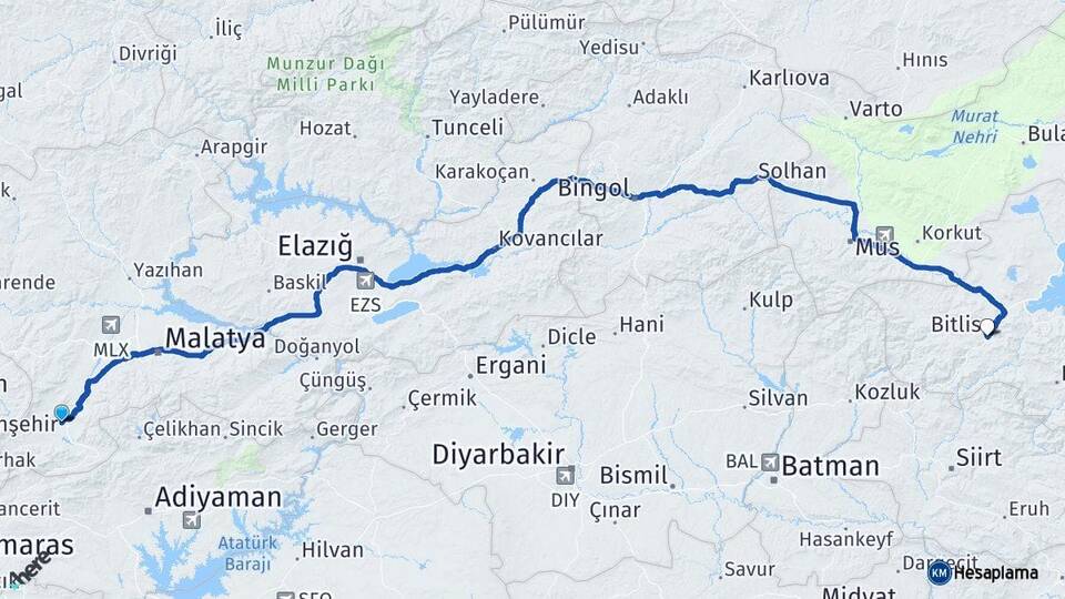 Malatya Doğanşehir Bitlis Arası Kaç Km - Yol Haritası