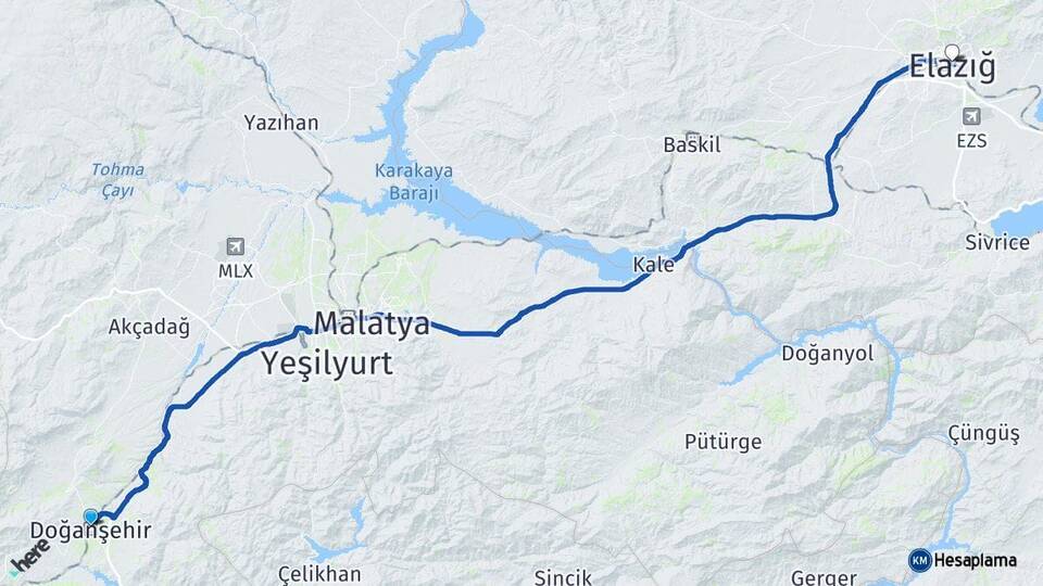 Malatya Doğanşehir Elazığ Arası Kaç Km - Yol Haritası