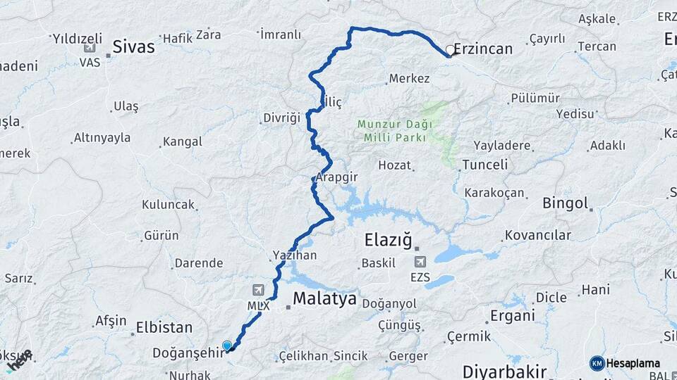 Malatya Doğanşehir Erzincan Arası Kaç Km - Yol Haritası
