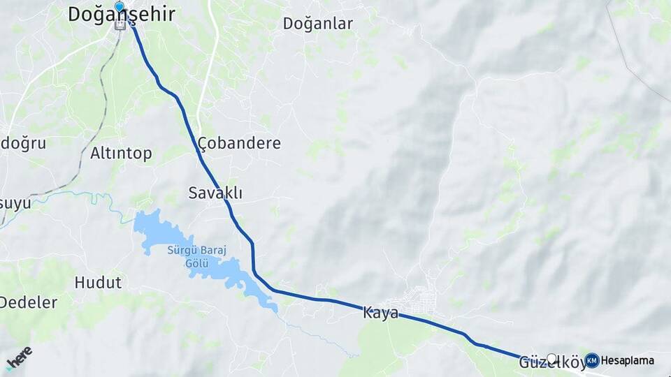 Malatya Doğanşehir Güzelköy Doğanşehir Arası Kaç Km - Yol Haritası