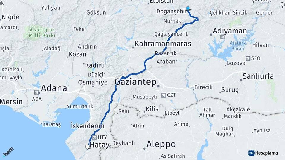 Malatya Doğanşehir Hatay Arası Kaç Km - Yol Haritası