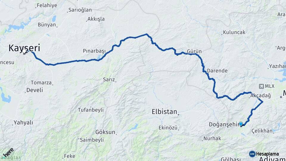 Malatya Doğanşehir Kayseri Arası Kaç Km - Yol Haritası
