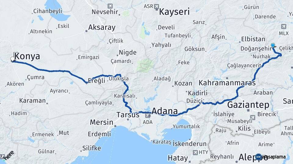 Malatya Doğanşehir Konya Arası Kaç Km - Yol Haritası