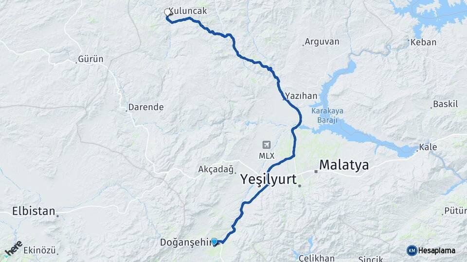Malatya Doğanşehir Kuluncak Arası Kaç Km - Yol Haritası