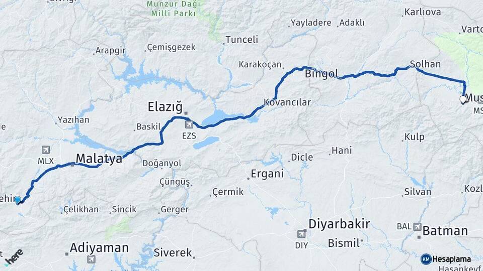 Malatya Doğanşehir Muş Arası Kaç Km - Yol Haritası