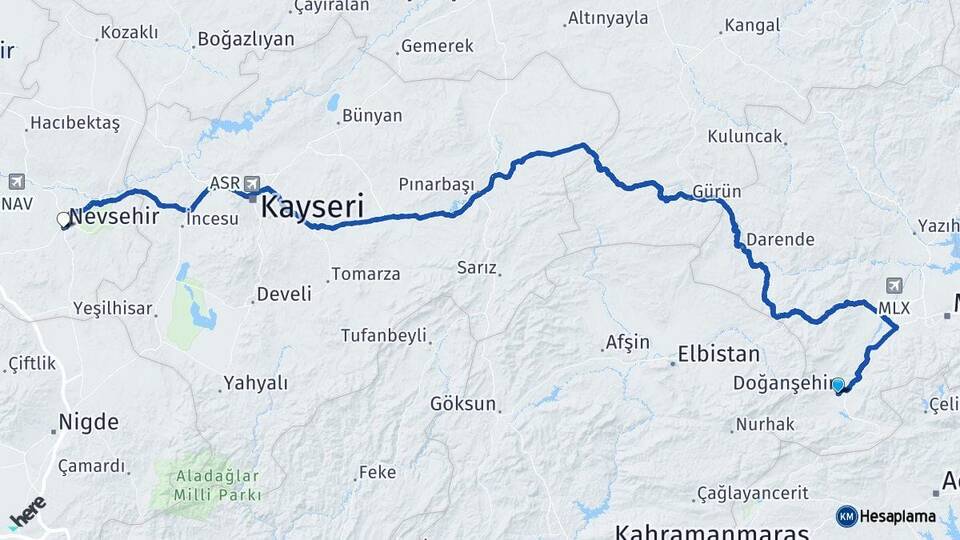 Malatya Doğanşehir Nevşehir Arası Kaç Km - Yol Haritası