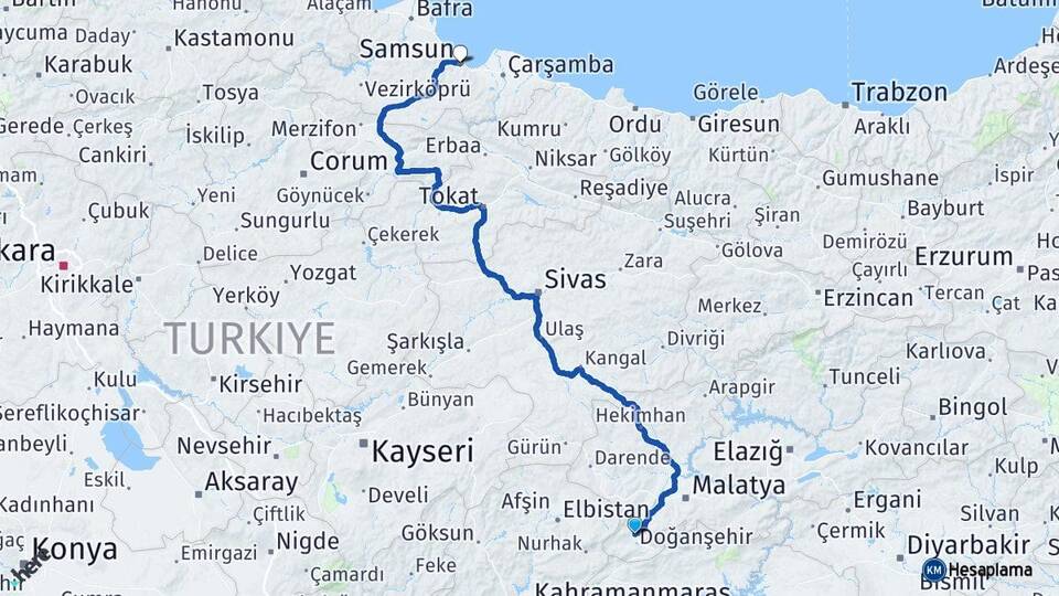Malatya Doğanşehir Samsun Arası Kaç Km - Yol Haritası