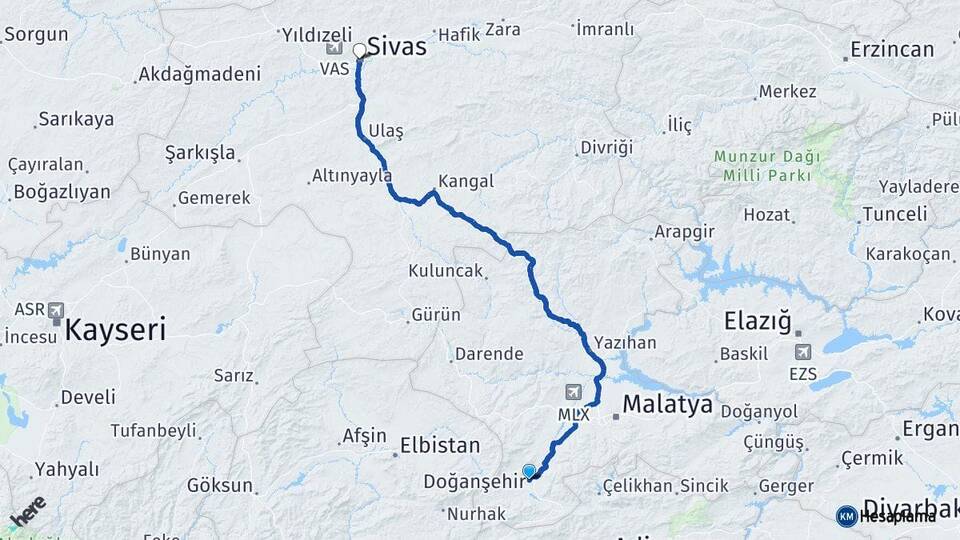 Malatya Doğanşehir Sivas Arası Kaç Km - Yol Haritası