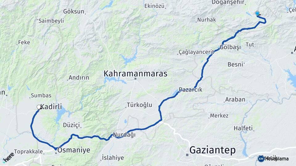 Malatya Doğanşehir Sürgü Kadirli Osmaniye Arası Kaç Km - Yol Haritası