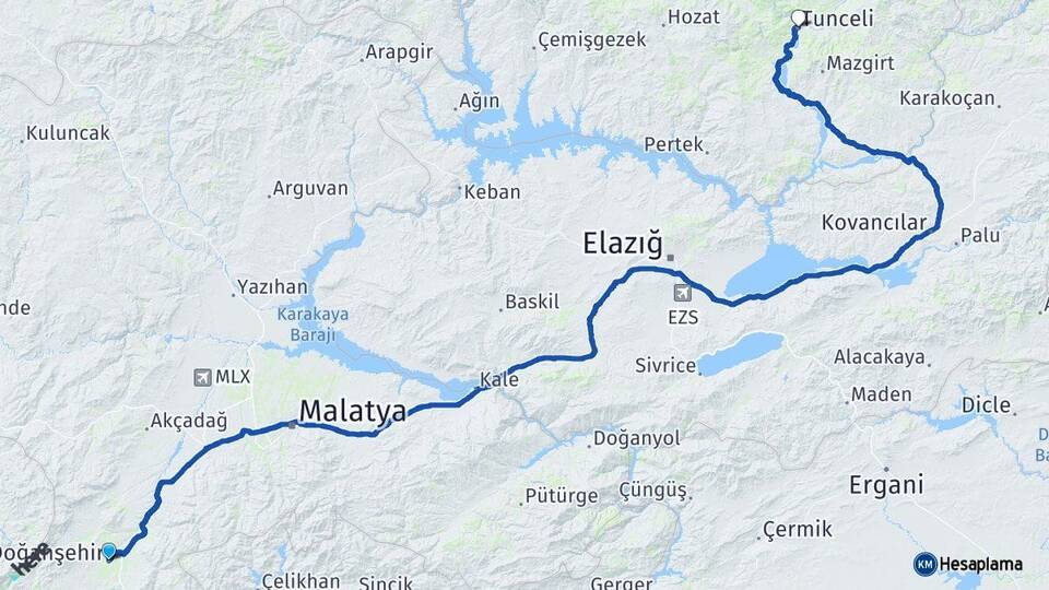 Malatya Doğanşehir Tunceli Arası Kaç Km - Yol Haritası