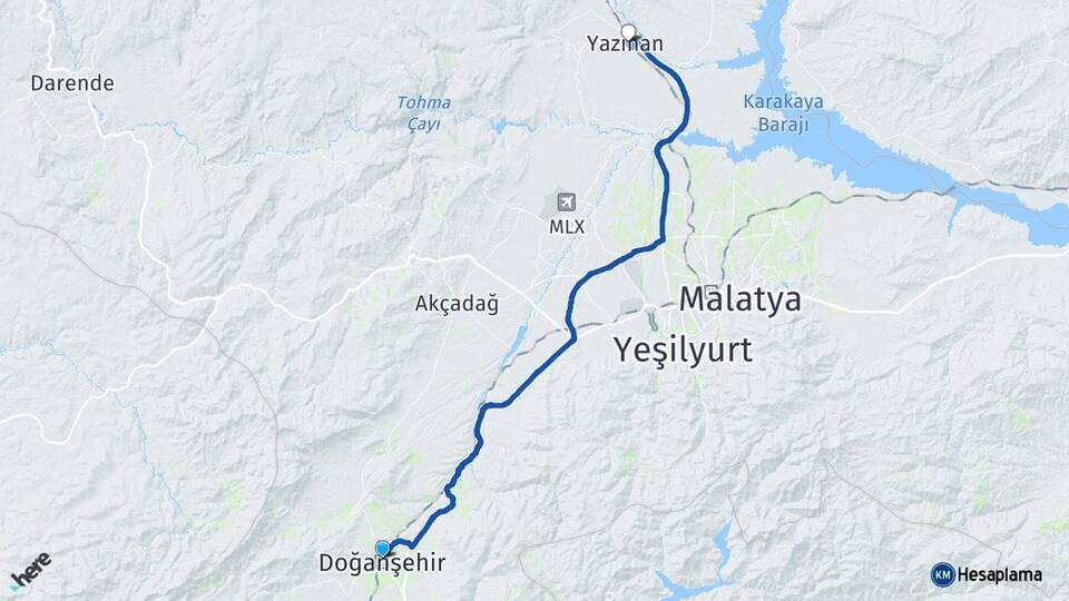 Malatya Doğanşehir Yazıhan Arası Kaç Km - Yol Haritası