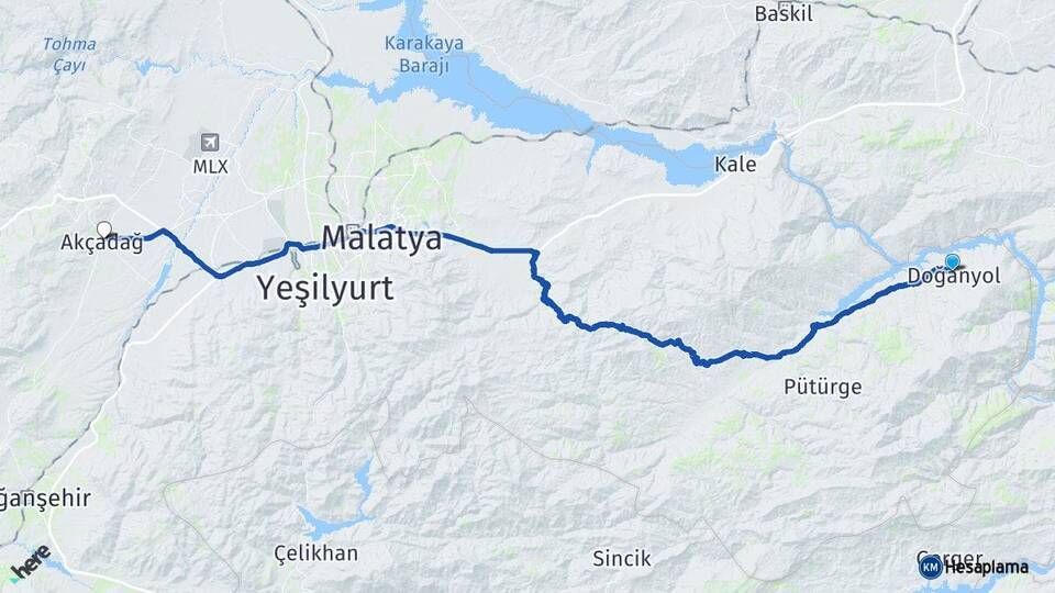 Malatya Doğanyol Akçadağ Arası Kaç Km - Yol Haritası