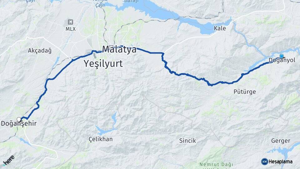 Malatya Doğanyol Doğanşehir Arası Kaç Km - Yol Haritası