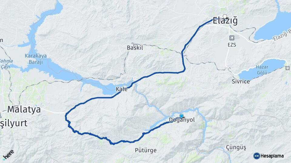 Malatya Doğanyol Elazığ Arası Kaç Km - Yol Haritası