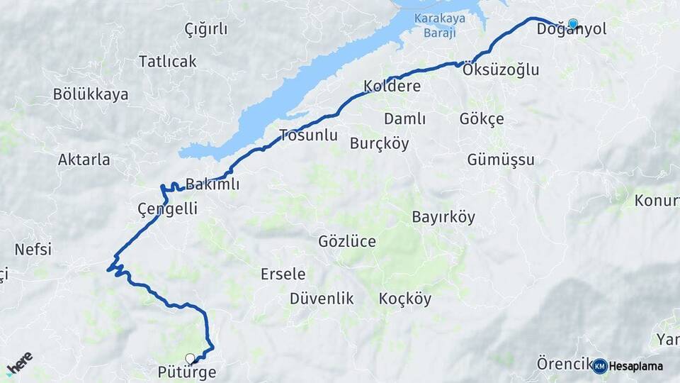 Malatya Doğanyol Pütürge Arası Kaç Km - Yol Haritası