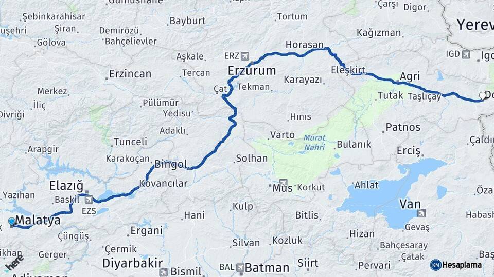 Malatya Doğubayazıt Ağrı Arası Kaç Km - Yol Haritası