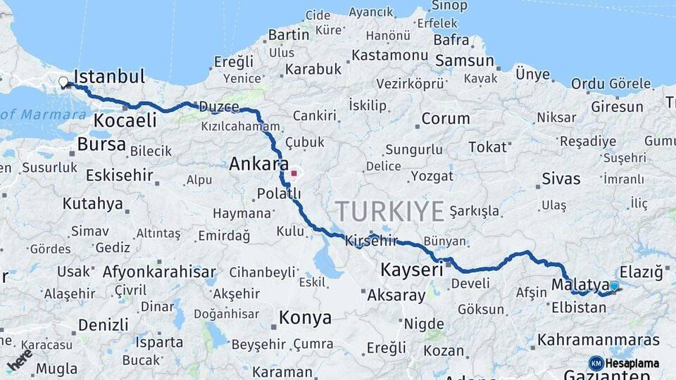 Malatya Esenler İstanbul Arası Kaç Km - Yol Haritası